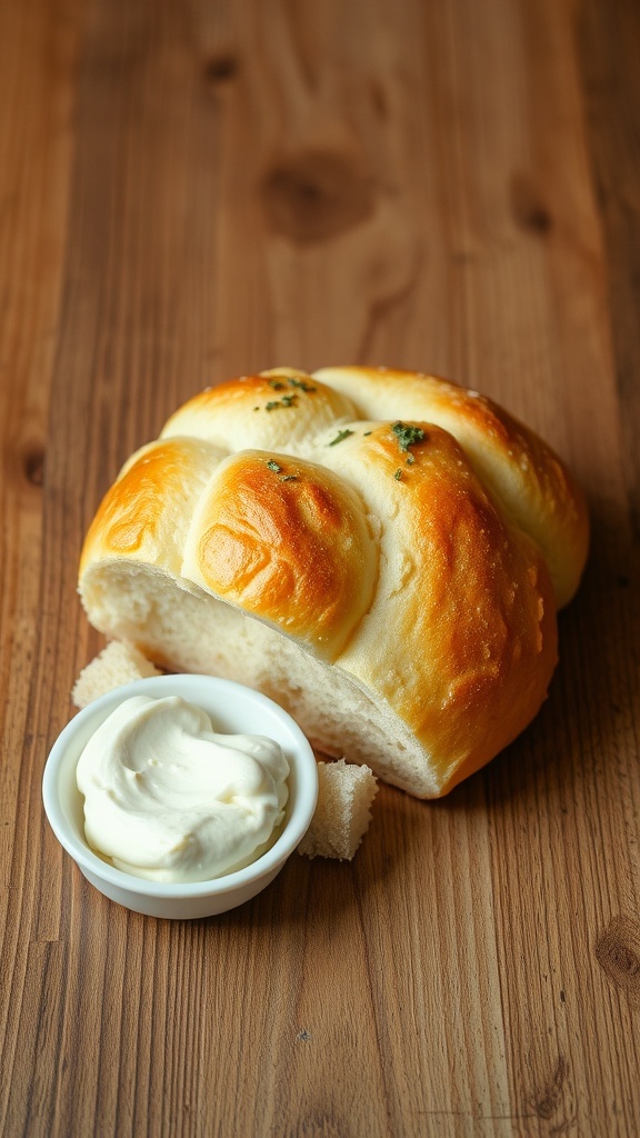 Single Serving Cloud Bread Recipe A fluffy piece of cloud bread on a wooden table, garnished with herbs and accompanied by cream cheese.